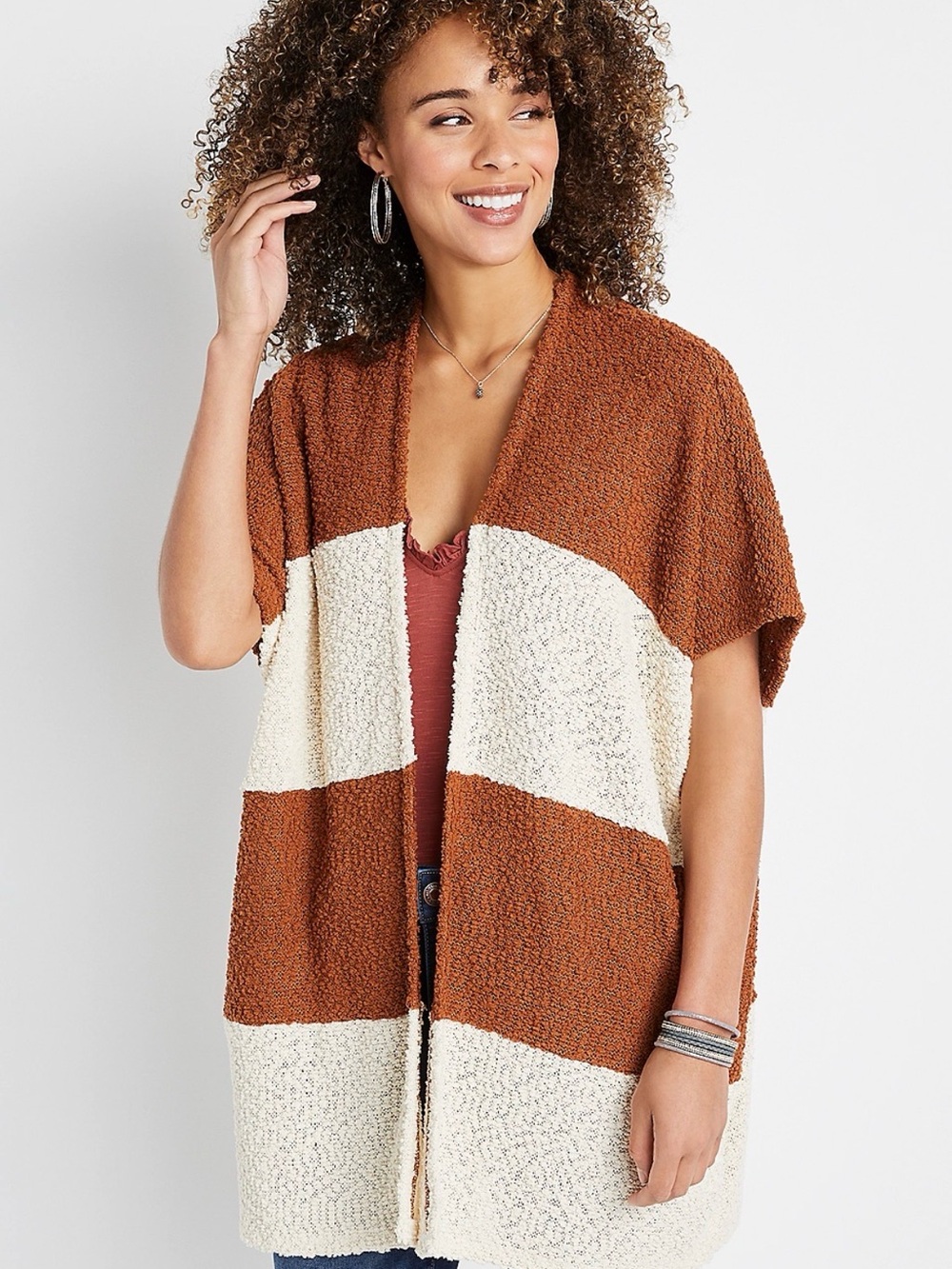Maurice’s Chunky Striped Open Cardigan in Rust & Cream